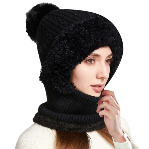 Fleece Lined Knitted Balaclava Hooded Beanie Neck Warmer One Piece main image 6